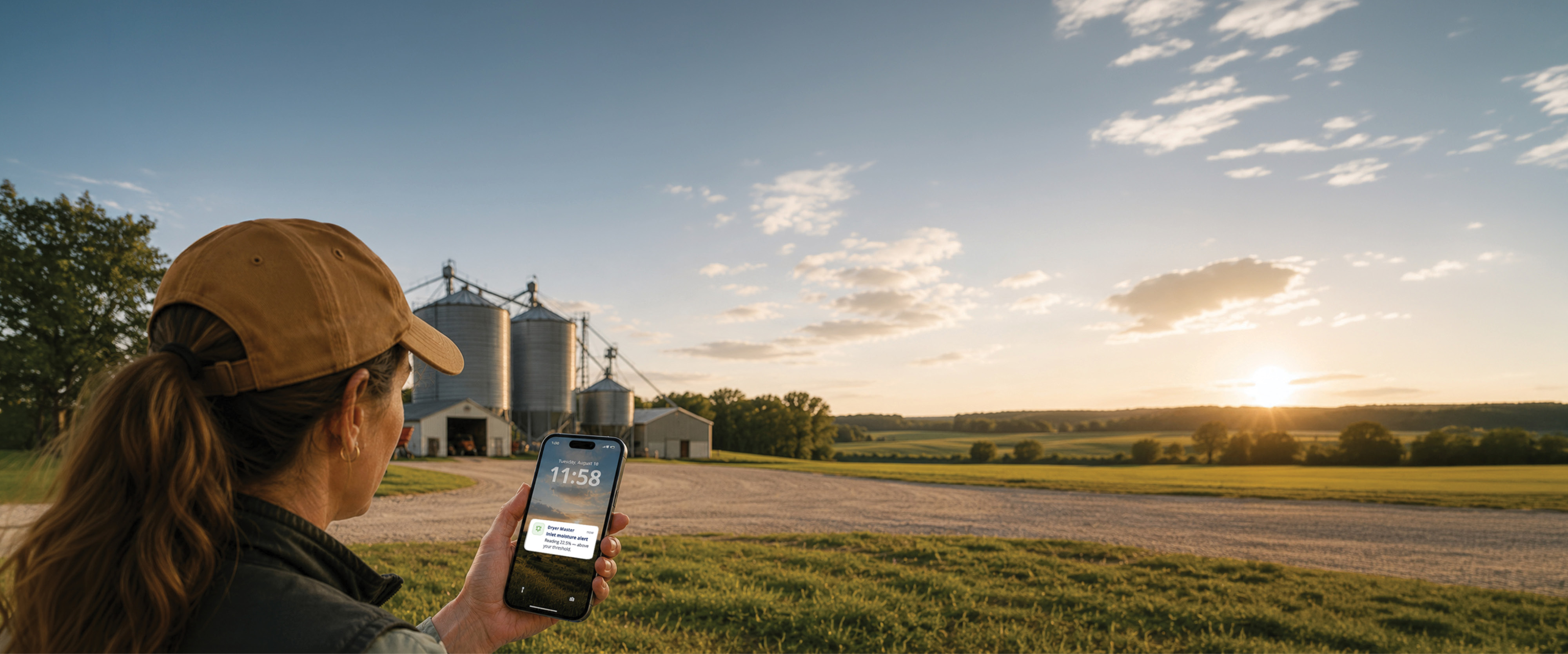Farmer checking a DM Mobile moisture alert on her phone in front of grain bins