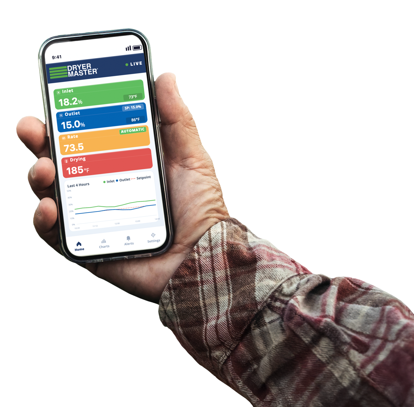 Farmer holding a phone showing the Dryer Master Mobile dashboard