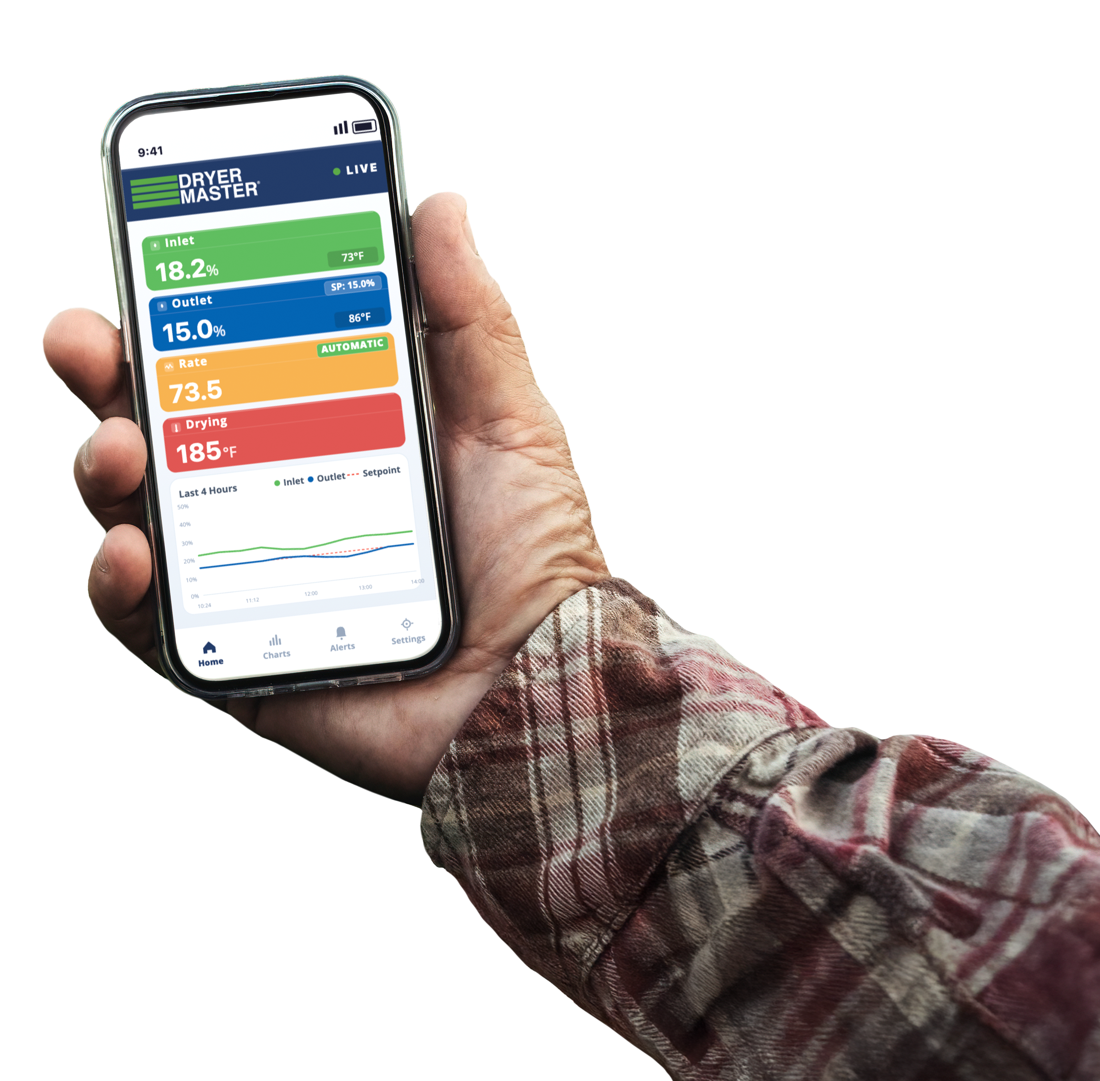 Farmer holding a phone showing the Dryer Master Mobile dashboard